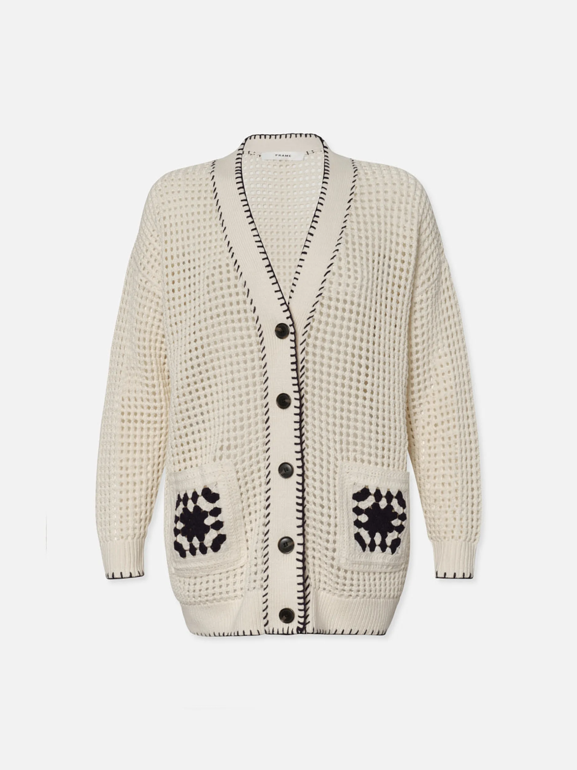 FRAME Crochet Pocket Cardi in Navy Multi<Women Sweaters