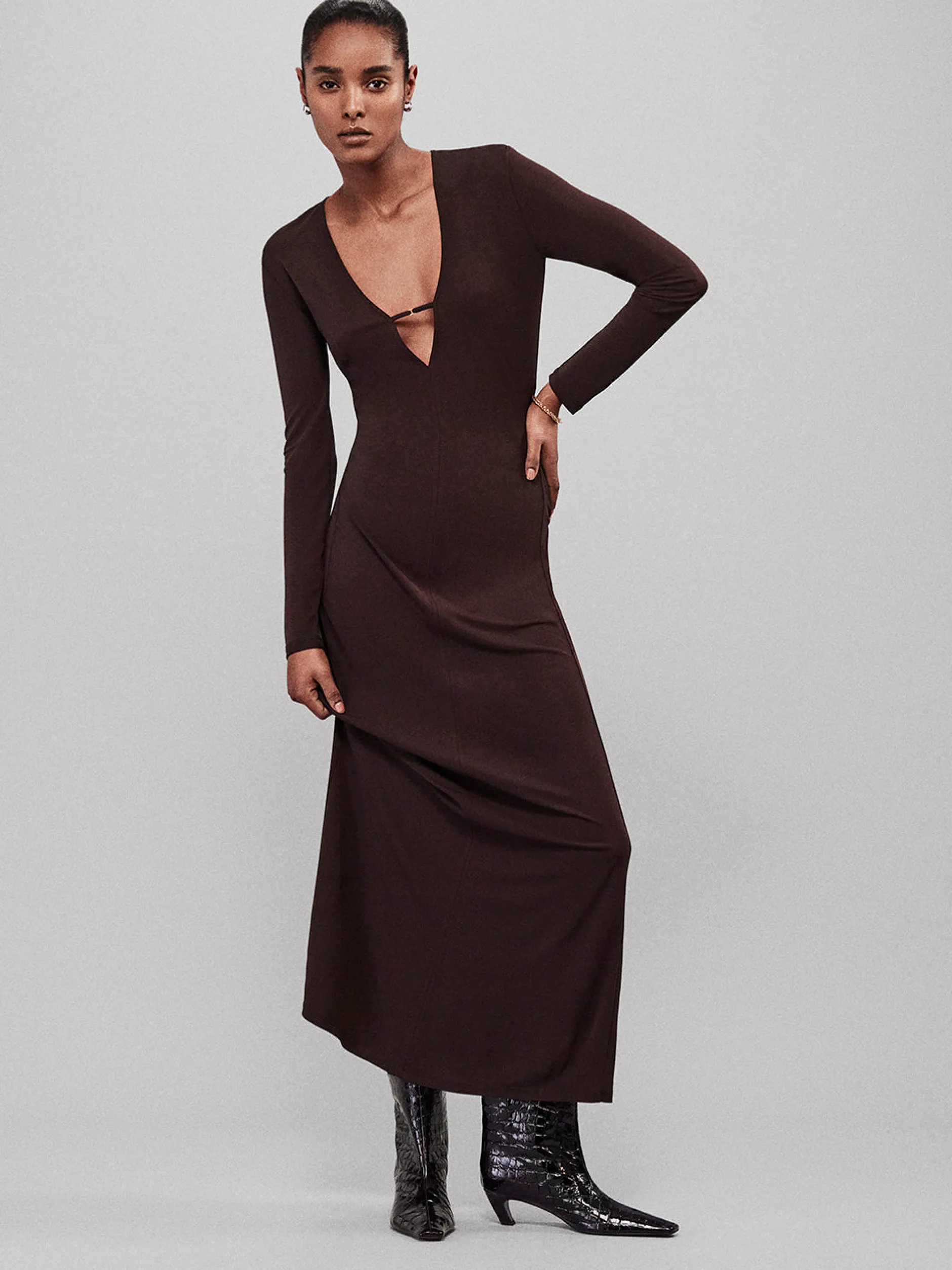 FRAME Deep V Jersey Dress in Chocolate Brown<Women Dresses & Jumpsuits