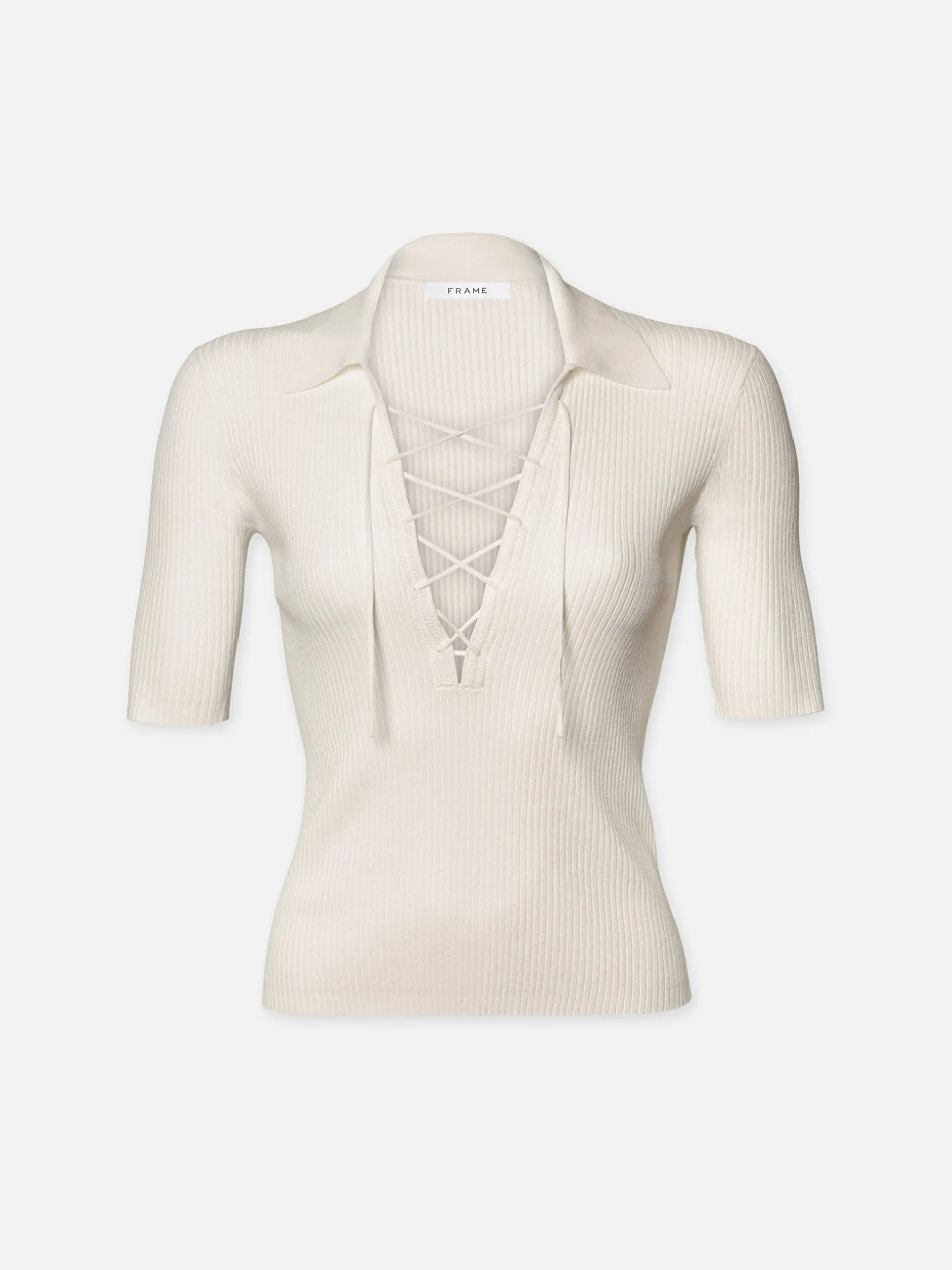 FRAME Lace Up Sweater Polo in Off White<Women Tops & Blouses