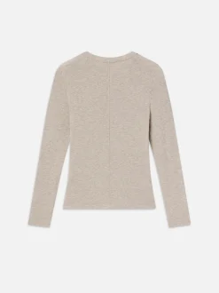 FRAME Long Sleeve Rib Button Crew in Oatmeal Heather<Women Tanks & Tees
