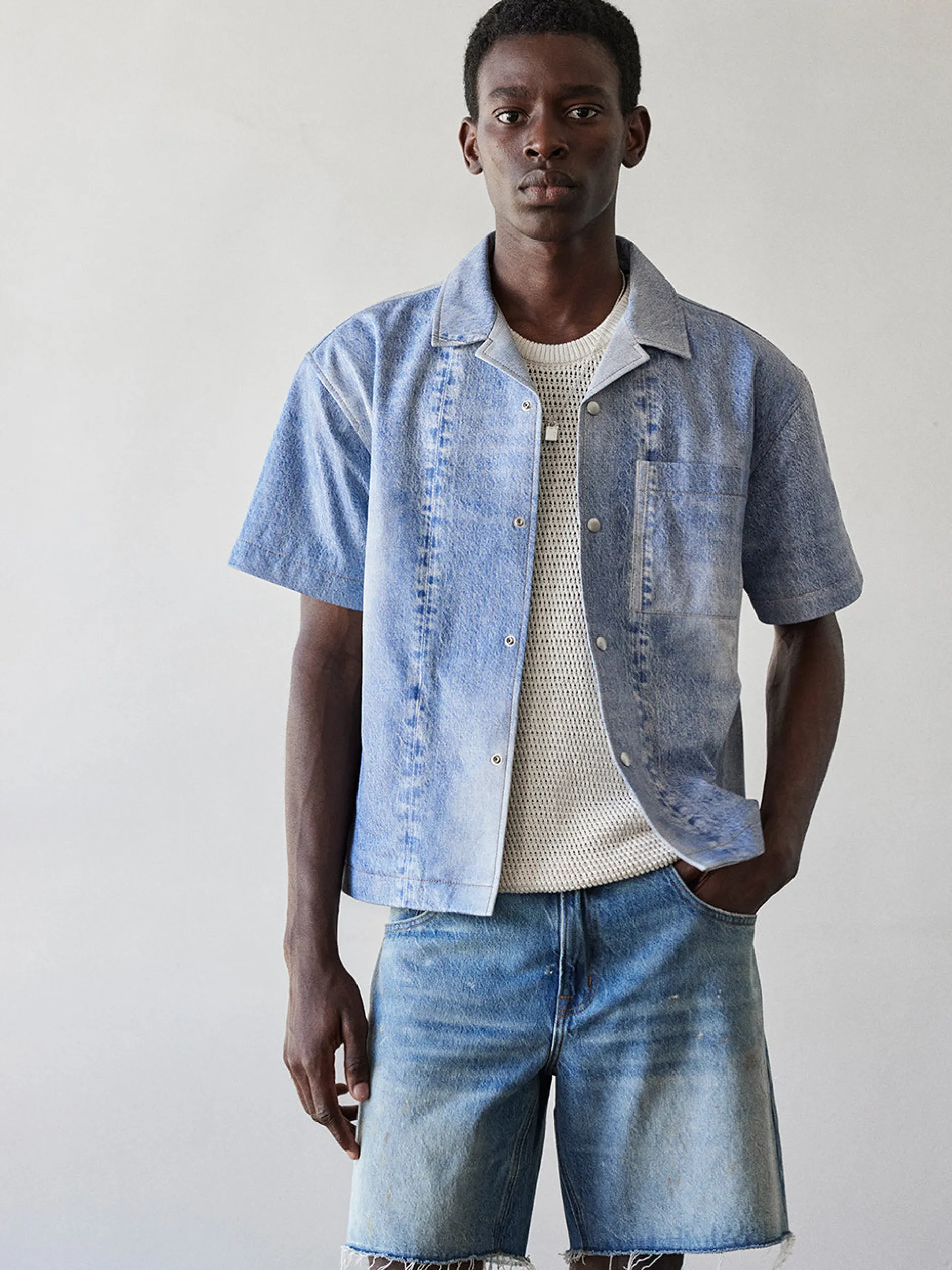 FRAME Printed Denim Leather Shirt in< Leather & Suede