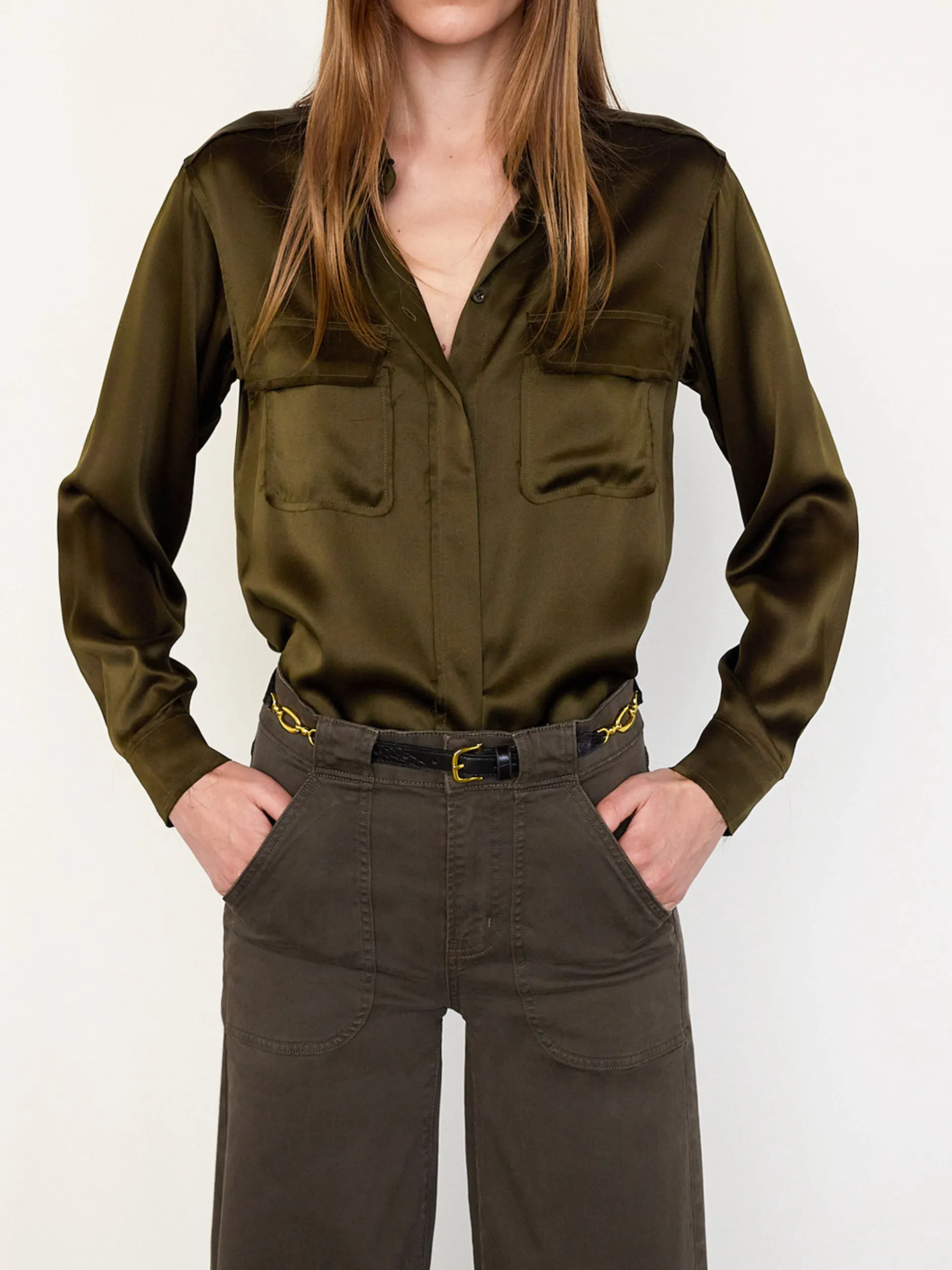FRAME Raw Edge Double Pocket Shirt in Rich Military<Women Tops & Blouses