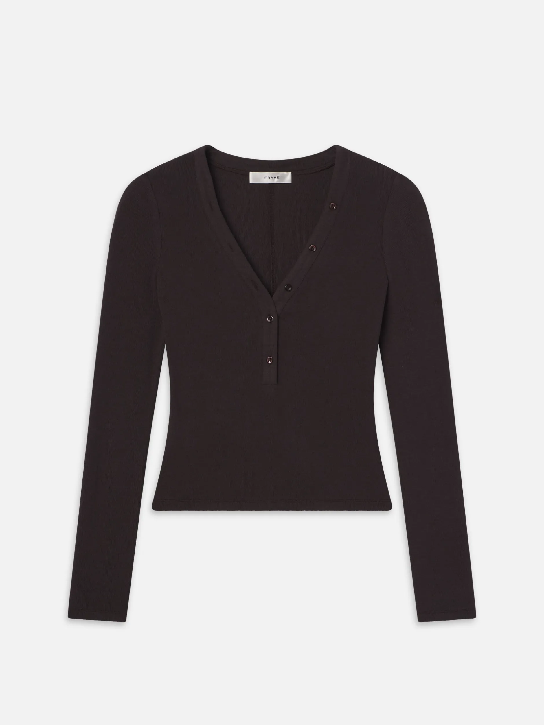 FRAME Slinky Long Sleeve Rib Henley in Chocolate Brown<Women Tanks & Tees