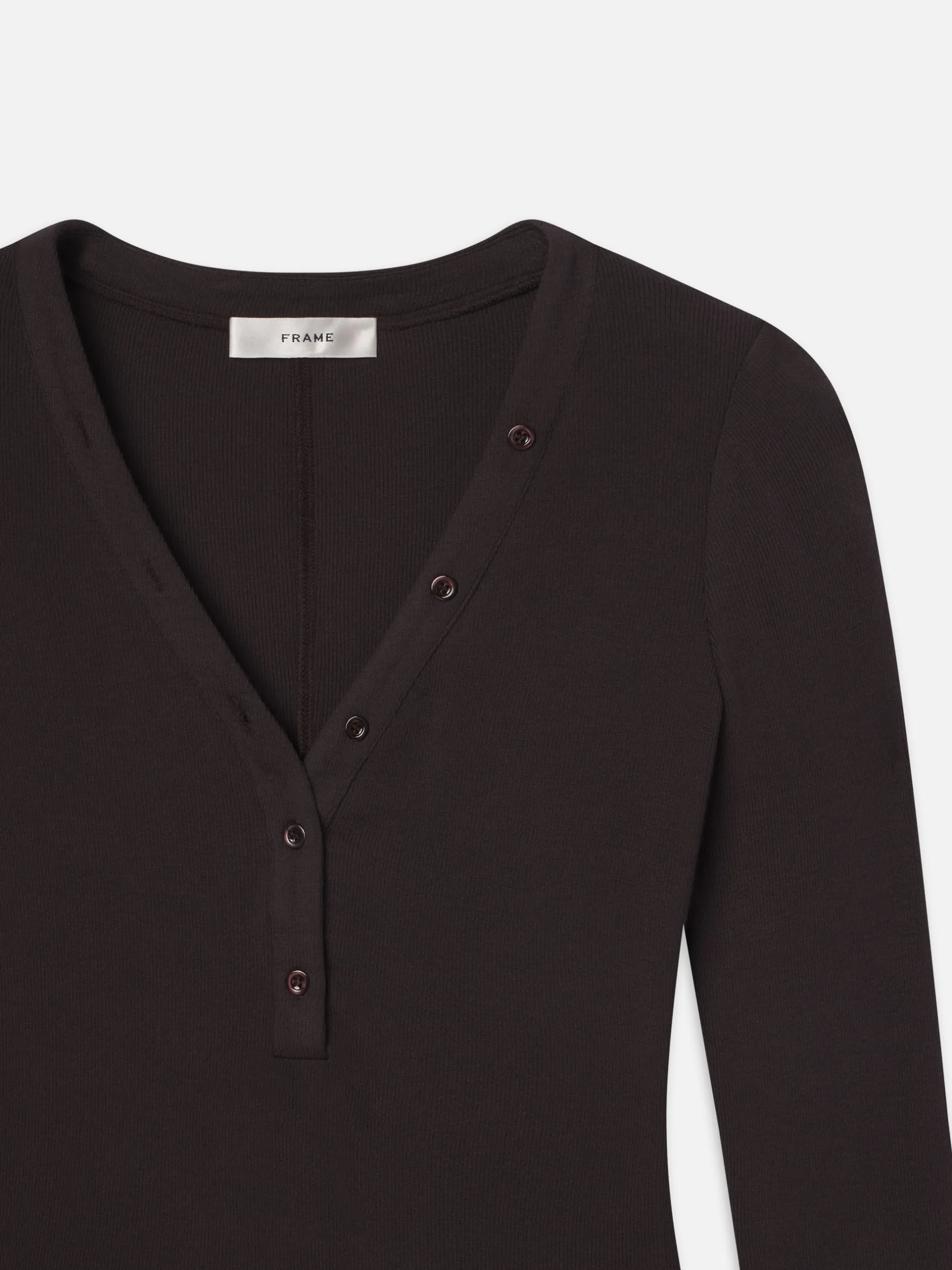 FRAME Slinky Long Sleeve Rib Henley in Chocolate Brown<Women Tanks & Tees