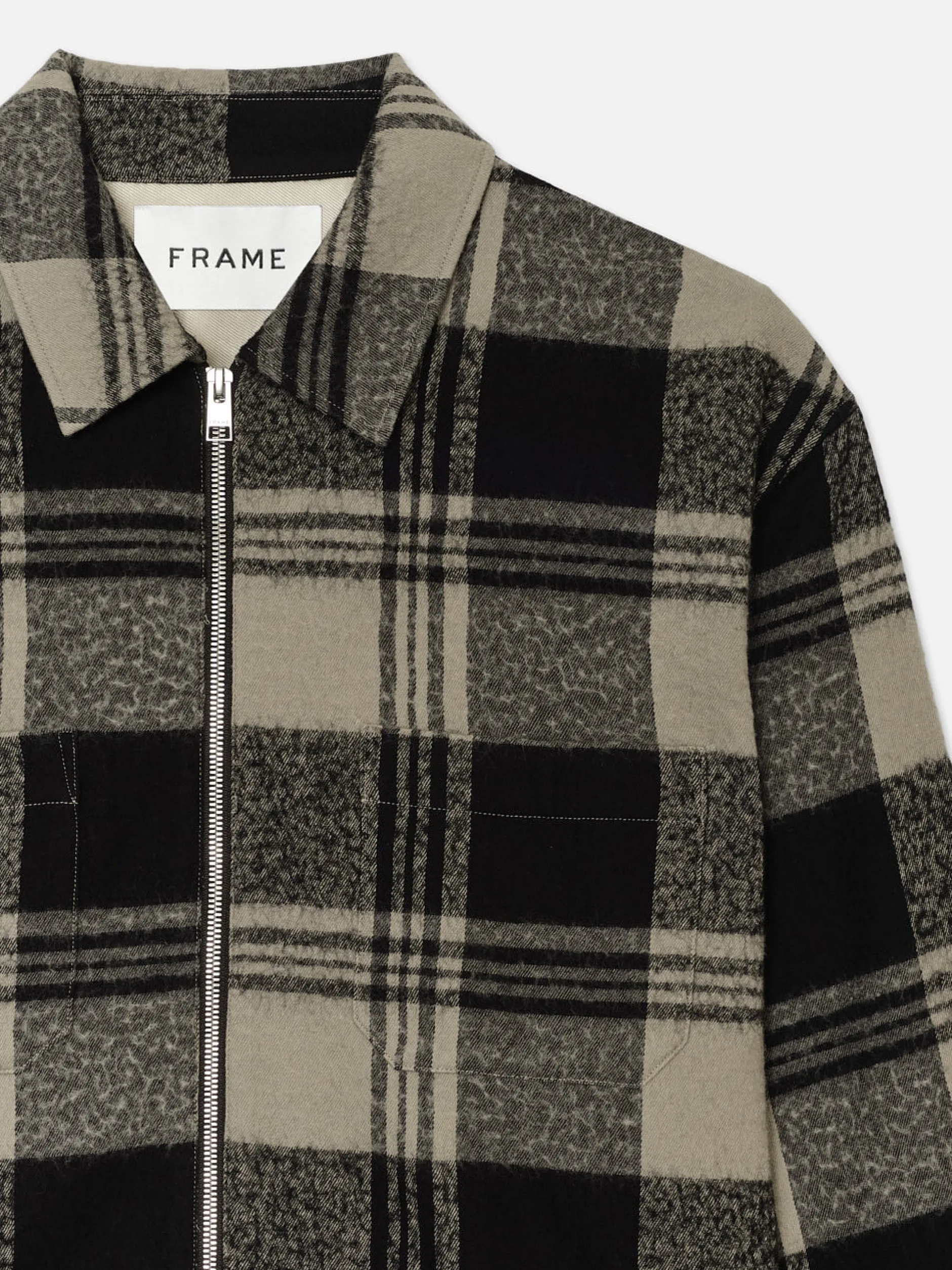 FRAME Spring Plaid Zip Shirt Jacket in Smoke Beige/Noir< Jackets & Coats