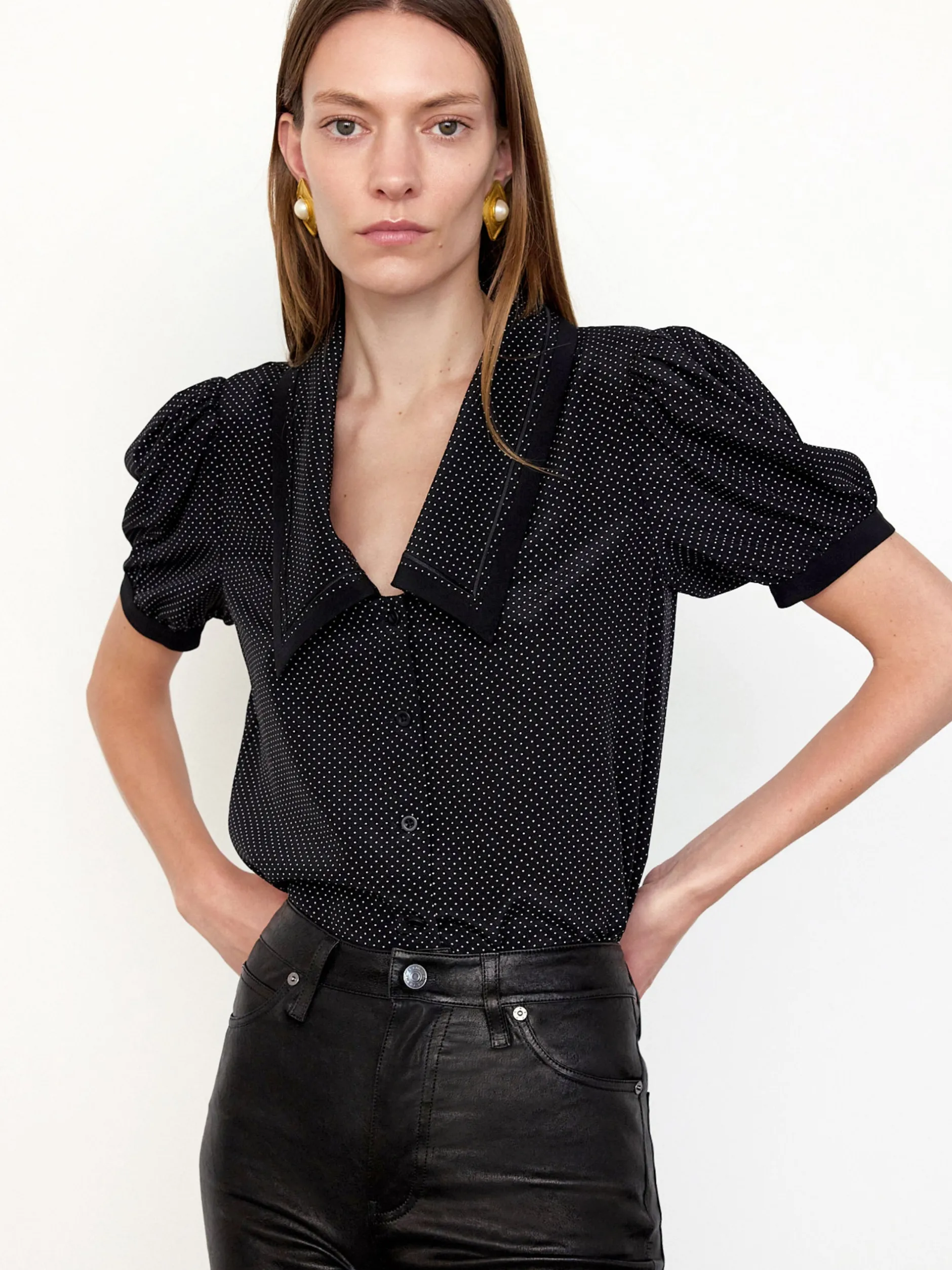 FRAME The Polka Dot Sailor Blouse in Black Multi<Women Tops & Blouses