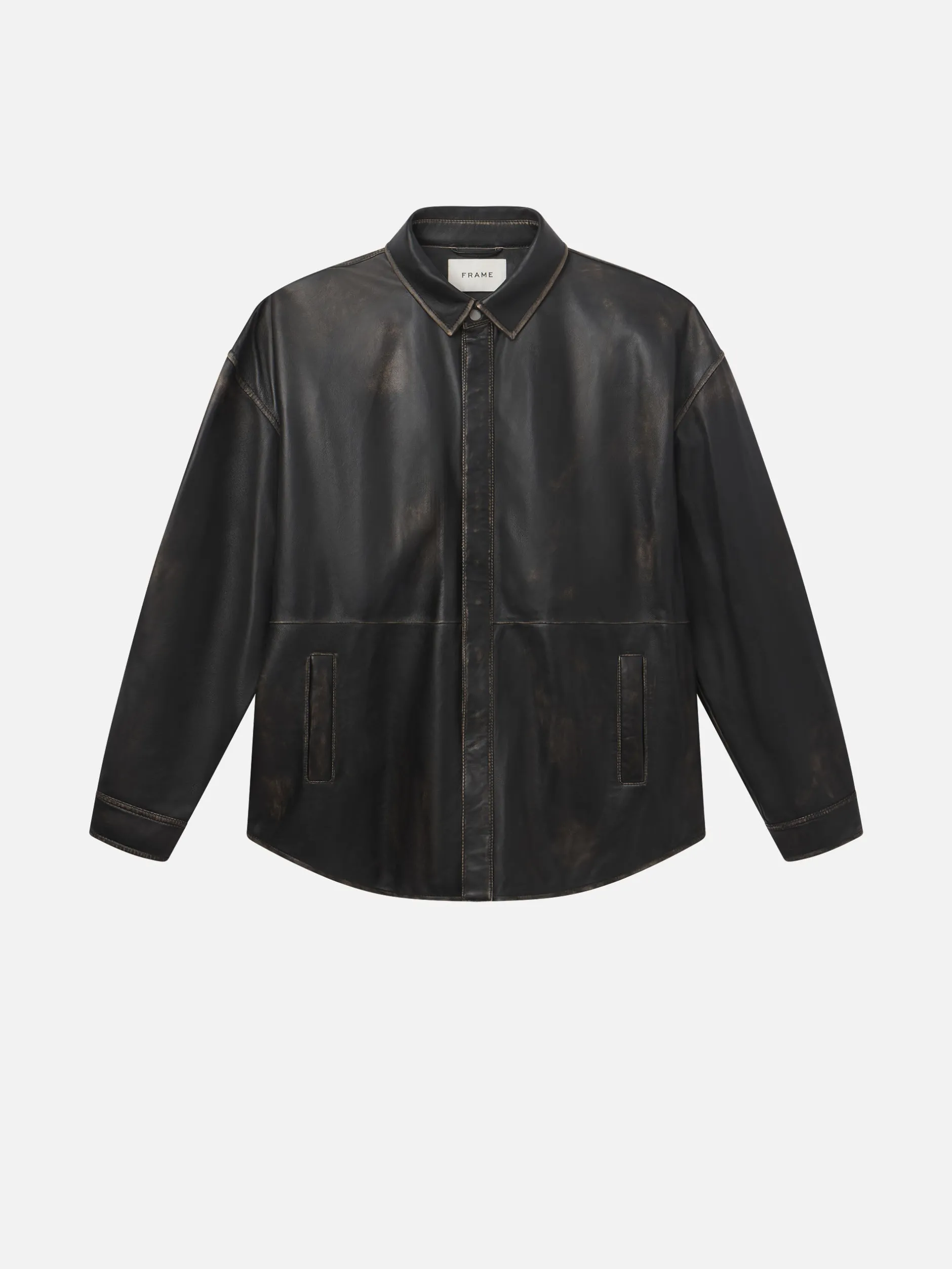 FRAME Washed Leather Shirt in Black Washed< Leather & Suede|Jackets & Coats