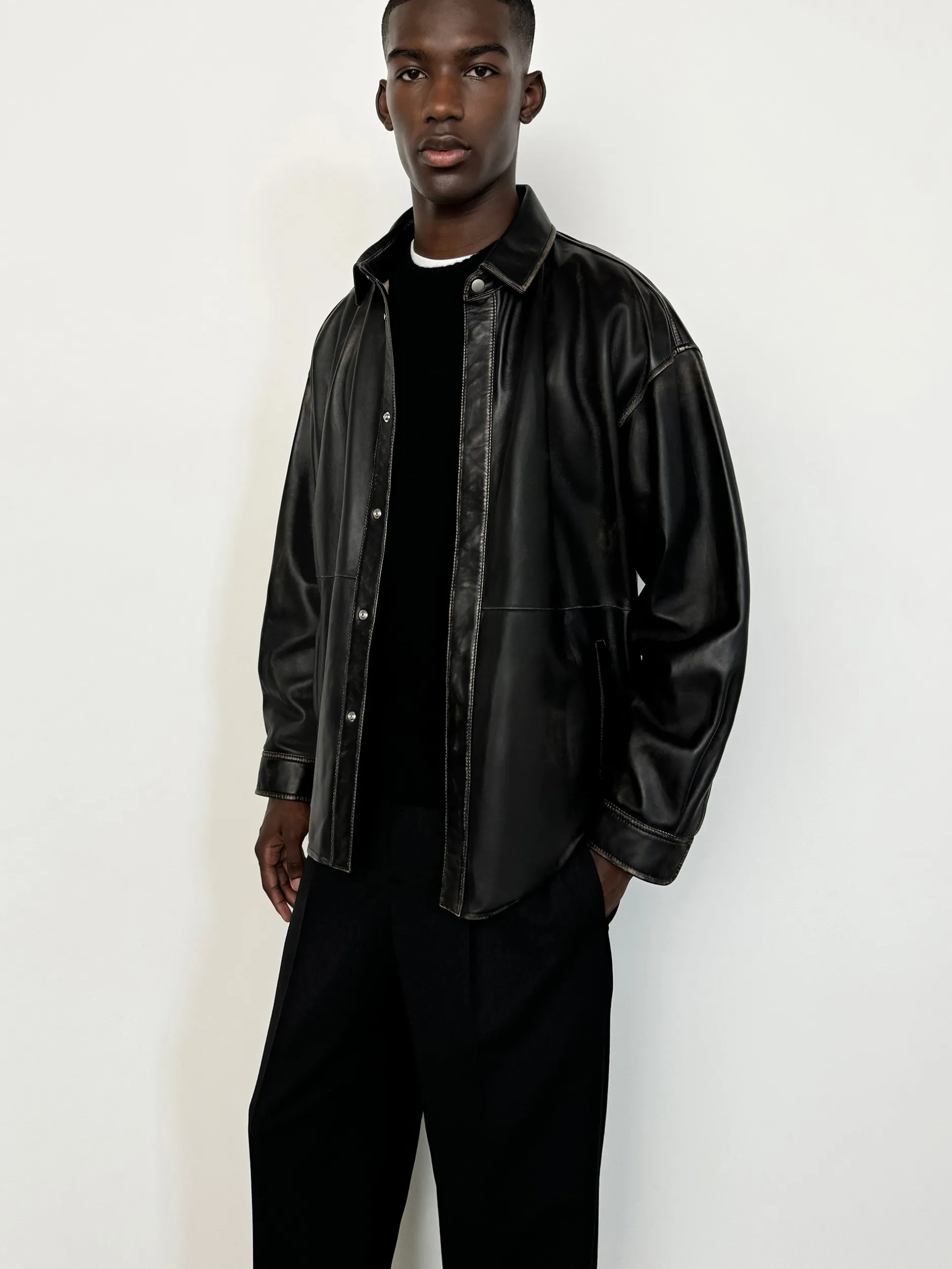 FRAME Washed Leather Shirt in Black Washed< Leather & Suede|Jackets & Coats