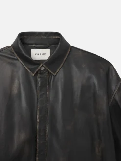 FRAME Washed Leather Shirt in Black Washed< Leather & Suede|Jackets & Coats