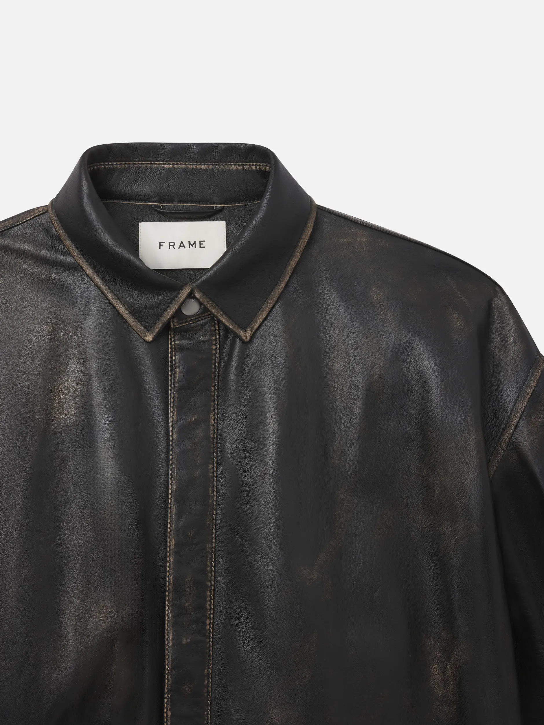 FRAME Washed Leather Shirt in Black Washed< Leather & Suede|Jackets & Coats