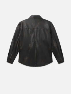 FRAME Washed Leather Shirt in Black Washed< Leather & Suede|Jackets & Coats